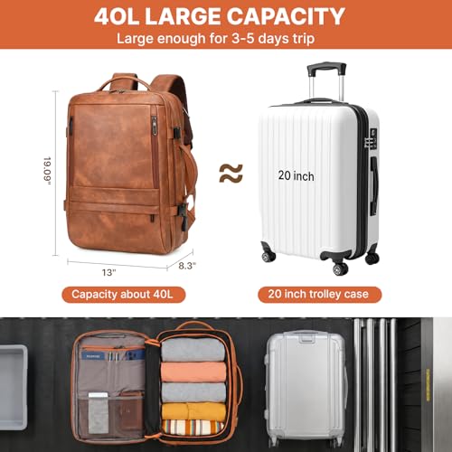 Travel Backpack for Women, PU Leather Carry On Backpack Flight Approved with Laptop Compartment, 40L Expandable Personal Item Travel Bag for Traveling Weekender Business (Brown) - color: Brown
