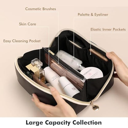 Prite Makeup Bag for Women Travel Waterproof Vegan Leather Cosmetic Bag Open Flat Toiletry Bag With Clear Divider and Handle (Black, Large) - color: Black, size: Large