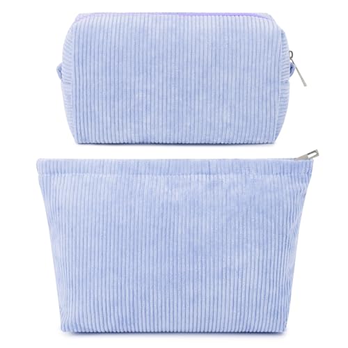 SOIDRAM 2 Pcs Corduroy Makeup Bag Large Cosmetic Bag Toiletry Bag Makeup Pouch Travel Bag Organizer Cute Makeup Brushes Aesthetic Accessories Storage Bag for Women Blue - color: Blue #06