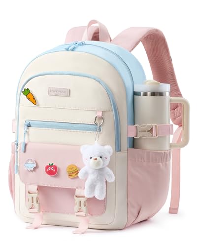 LOVEVOOK School Backpack for Teen Girls, Cute Student Bookbag Fits 15.6 Inch Laptop, Back to School Backpacks for 8-18 Teenager Kid, Large College Travel Back Pack with Water Bottle Holder Pink - color: Cream-pink-blue, size: 15.6 Inch