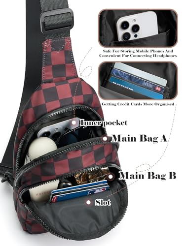 Checkered Sling Bag for Women Small Backpack Crossbody Chest Bag Fanny Packs Purses - color: Checkered Sling Bag - Wine Red Black