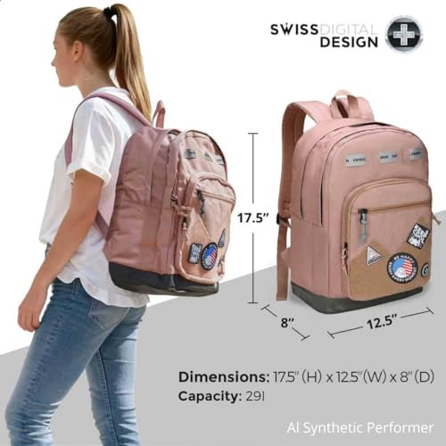 Swissdigital Design Big Student Laptop Backpack with Fun Personalized Patches For College Boy & Girl, Middle High School Teen Bookbag Cool Travel Daypack Mocha Brown - Includes 3 Patches | SD1718-35 - color: Mocha Brown