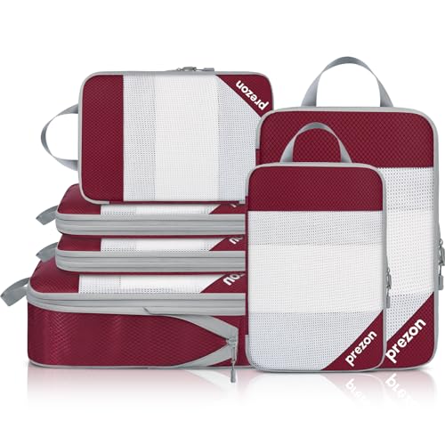 Compression Packing Cubes for Travel, Lightweight Vacation Travel Essentials, Travel Accessories for Suitcase Organizer Bags Set, Durable Luggage Organizer - color: Burgundy, size: 6 set-Half Mesh