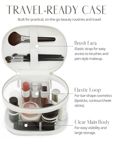 Popvibe Clear Makeup Train Case Vanity Bag Make Up Travel Bag with Brush Holder, Compact Transparent Makeuo Bag for Traveling Leather Cosmetic Case Portable Travel Essentials Toiletry Organizer White - color: White, style: Train Case