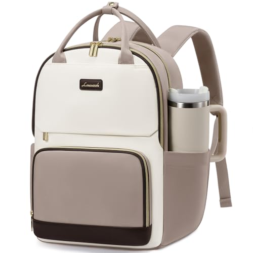 LOVEVOOK Laptop Backpack for Women with Giant Tumbler Holder Pocket, 15.6 inch Travel Work Backpack Purse for Teacher Nurse, Waterproof College Book Bag Cute Casual Daypack, Beige-Nude - color: Beige Nude, size: 15.6 inch