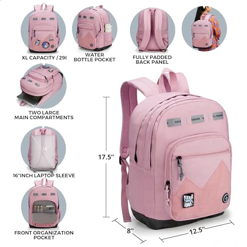 Swissdigital Design Big Student Laptop Backpack with Fun Personalized Patches For College Boy & Girl, Middle High School Teen Bookbag Cool Travel Daypack Pink -Includes 3 Patches | SD1718-81 - color: Pale Pink