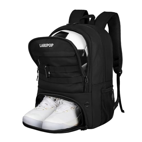 LARIPOP Soccer Backpack with Ball Holder & Shoe Compartment Large Capacity Sports Bag for Training - color: black