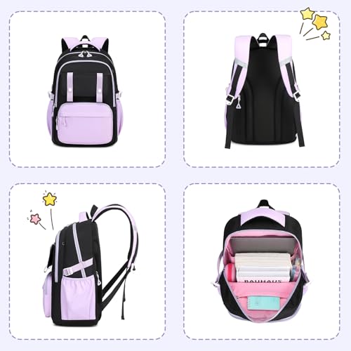 MUSEVOS Girls Backpack, Ideal School Backpack for Girls from Elementary to Teen Years, Kawaii Bookbag Cute Large Capacity (BLACK&PURPLE) - color: Black&purple
