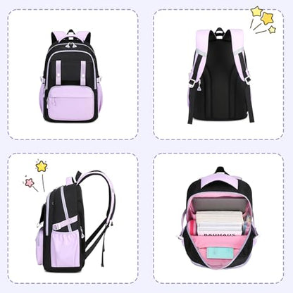 MUSEVOS Girls Backpack, Ideal School Backpack for Girls from Elementary to Teen Years, Kawaii Bookbag Cute Large Capacity (BLACK&PURPLE) - color: Black&purple