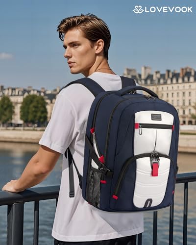 LOVEVOOK 17 inch Blue&White Travel Laptop Backpack with USB Charging Port, Anti-Theft, Water-Resistant, Modern Practical Unisex College/University Backpack - color: Blue&white, size: 17 inch