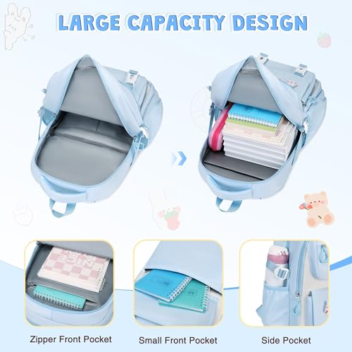 DIGOBAY 3PCS Girls Backpack for School, Kids Backpack for Girls with Lunch Box Pencil Case Set for Teen Girl Elementary Primary Middle High College School Bookbag with Cute Pins (Blue) - color: Blue