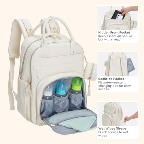 BabbleRoo Leather Diaper Bag Backpack - Baby Essentials Travel Baby Bag, Multi function, Water Resistant, with Changing Pad, Stroller Straps & Pacifier Case – Unisex, Eggshell White - color: Vegan Leather Eggshell White, size: Large