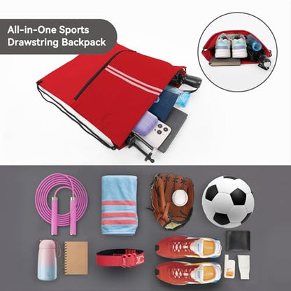 Drawstring Backpack Large Sports Draw String Bag for Women and Men (Red) - color: Two Tone Red