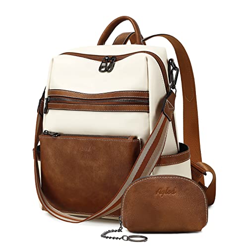 AGLOD Leather Backpack Purse for Women Designer Ladies Shoulder Bag Fashion Faux Work Travel Handbags, beige, brown - color: Kcus22001-beige-brown