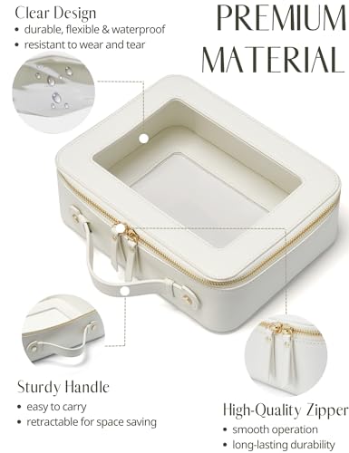 Popvibe Clear Makeup Case White Toiletry Bag Travel Large Clear Cosmetic Bag with Zipper, Big Make Up Bag Organizer Women Traveling TSA Approved Transparent Bag Car for Essentials - color: White, style: Large Luxe