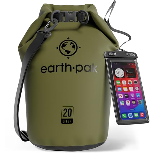 Earth Pak Waterproof Dry Bag - Roll Top Waterproof Backpack Sack Keeps Gear Dry for Kayak with Waterproof Phone Case - color: Forest Green, size: 20L