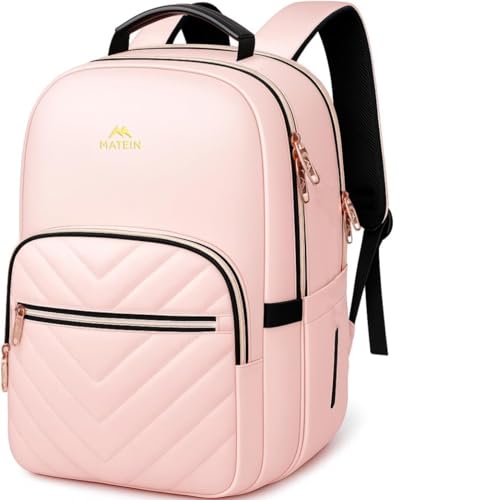 MATEIN College Backpack with Laptop Compartment, Water Resistant Girls Backpack, Cute Bookbag with Multiple Compartments, 17 inch Quilted Casual Daypack for Women, Pink - color: Pink, size: 17inch