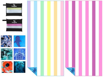 Yongoes 2 Pack Microfiber Lightweight Thin Beach Towel Sand Free Quick Dry Super Absorbent Large Towels for Swimming Pool Yoga Gym Travel Vacation Beach Accessories Essentials Stripes - color: 2 Pack Pink Multi