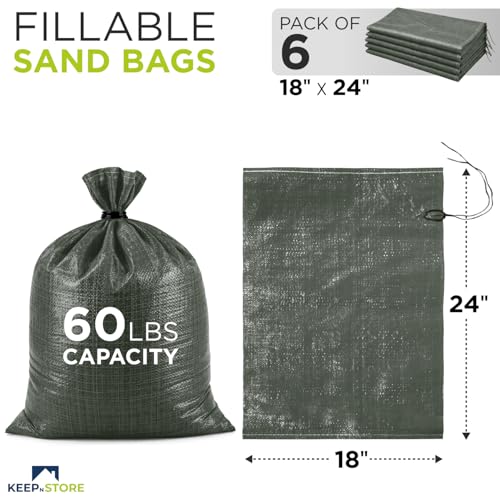Heavy Duty Sand Bags Pack of 6, Army Green Empty Sandbags with Built-In Ties, Woven Polypropylene UV Protection 1600 Hours, Fillable Bags for Flood Control, Weight, 18x24 inches, 60 Pounds Volume - size: 18"W x 24"L, style: Pack of 6