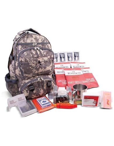 ReadyWise Emergency Survival Gear – Tactical Military Backpack, Camping Essentials Bug Out Bag & Survival Kit, Prepper & Hurricane Supplies, Meal Pouches with up to 25 Year Shelf Life, 64 Piece - color: Camo