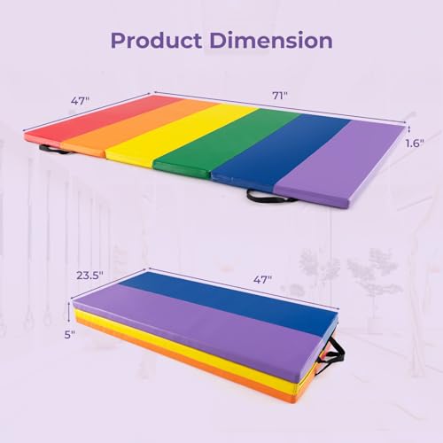GYMAX Gymnastics Tumbling Mat, 6FT x 4FT Folding Thick Exercise Mat with Carrying Handles, Hook & Loop Fasteners, PU Leather Cover for Yoga, Stretching, Martial Arts
