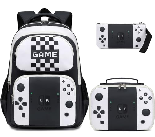 JIANYA School Backpack for Boys and Girls Elementary Children's School Bag Kids Backpack with Lunch Box - color: Gamer/ White