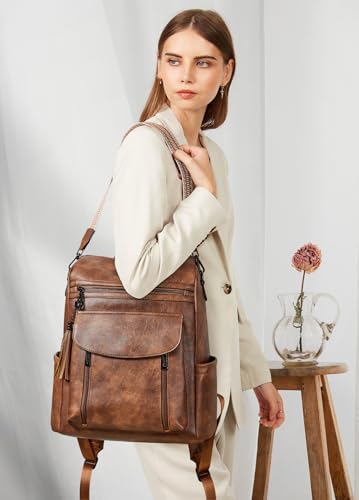 Shrrie Laptop Backpack for Women 15.6 inch,Travel Leather Backpack Purse Nurse Teacher Carry on Backpack Computer Bag,Professional Water-Resistant College Business Work Casual Daypack,Two-toned Brown - color: Two-toned Brown