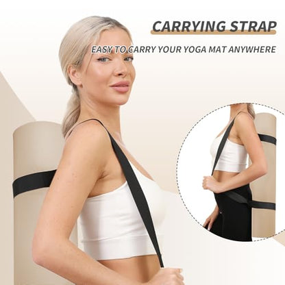 Yoga Mat with Strap,Non-Skid Workout Mat,8mm Thick Yoga Mat,POE Yoga Mats for Women Men Kids,Exercise Mat with Easy-Cinch,72"x24"x0.32” (183x61x0.8cm) - color: Beige+Black