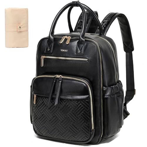 Leather Diaper Bag Backpack for Women with Multiple Pockets,Laptop Compartment and Changing Pad. - color: Black