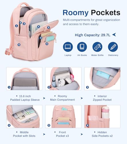 Sisipoet School Backpack for Girls, Lightweight Kids Bookbag Classic College Backpack for Teen Women with Luggage Strap, Age 8-18 Years Old, Pink - color: Pink
