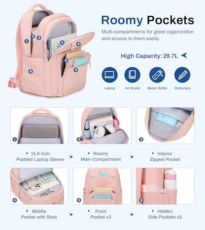 Sisipoet School Backpack for Girls, Lightweight Kids Bookbag Classic College Backpack for Teen Women with Luggage Strap, Age 8-18 Years Old, Pink - color: Pink