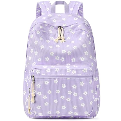 mibasies School Backpack for Girls with Laptop Sleeve: 18IN Large Capacity Corduroy Bookbag for Primary Middle School/College, Travel Daypack for Teens Women - Purple Flower - color: Purple Flower