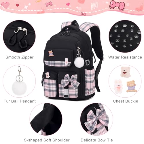 ACESAK Girls Backpack - 3PCS Backpack for Girls Cute School Backpacks for Girls Kindergarten Elementary Preschool Middle Kids School Bags with Lunch Box Pencil Case Set (Black) - color: Black