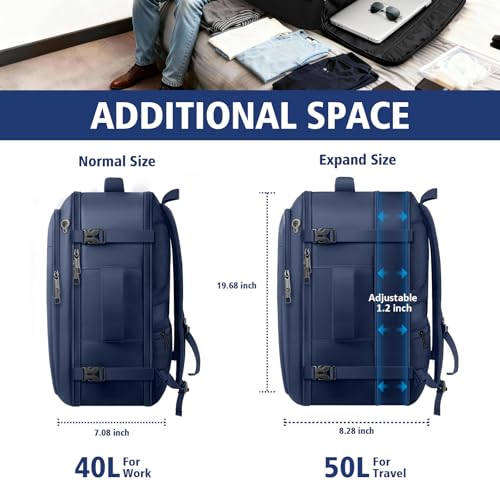 tazbuzo Travel Backpack, Extra Large 50L Flight Approved Carry on Backpack, Expandable Waterproof Business Suitcase Daypack Big Bag Fits 18.4 Inch Laptop, Blue - color: Blue