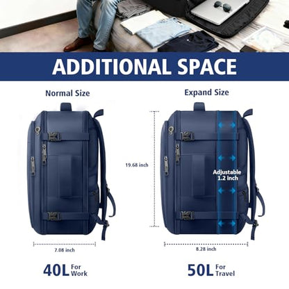 tazbuzo Travel Backpack, Extra Large 50L Flight Approved Carry on Backpack, Expandable Waterproof Business Suitcase Daypack Big Bag Fits 18.4 Inch Laptop, Blue - color: Blue