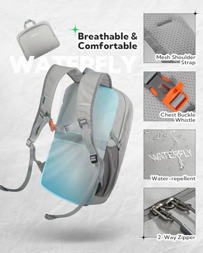 WATERFLY Lightweight Packable Backpack, 25L Small Foldable Travel Daypack | Multi-Pocket with Luggage Strap, Breathable Back Pad, Comfortable to wear, Easy to Fold, Compact Day Pack for Hiking Outdoor - color: Grey