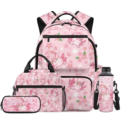 Cherry Blossom Axolotl Backpack for Girls School Backpack with Lunch Box Water Bottle Pouch Pencil Case 4PCS Set Elementary School Backpacks for Girls Kids Bookbag with Front Pocket Book Bag - color: Cherry Blossom Axolotl