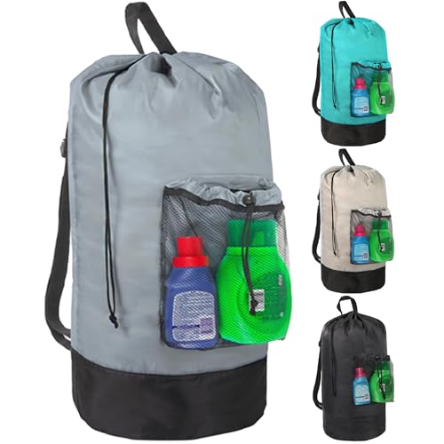 Laundry Bag Backpack with Shoulder Straps and Mesh Pocket Laundry Backpack Large Portable Laundry Hamper for College Laundromat Apartment with Drawstring Closure, Adjustable Back Straps (Grey) - color: Smoky