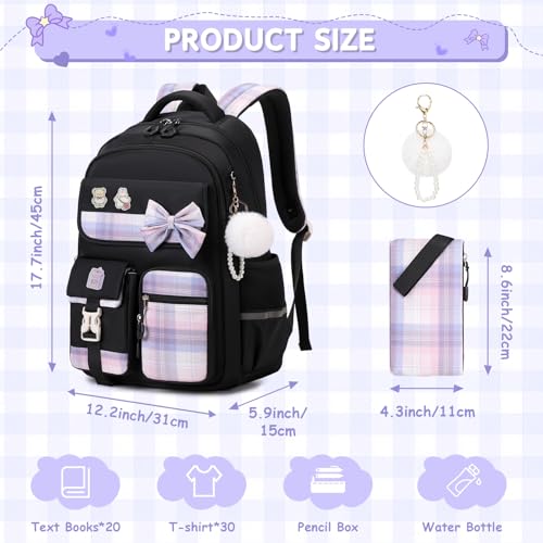 Girls Backpack, Kids Backpack for Girls School Bags with Pen Case, Bow Plaid Book Bag for Elementary Middle Primary High School College, Black-2pcs - color: Black