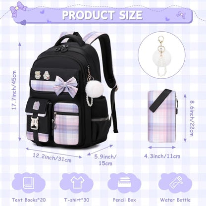 Girls Backpack, Kids Backpack for Girls School Bags with Pen Case, Bow Plaid Book Bag for Elementary Middle Primary High School College, Black-2pcs - color: Black