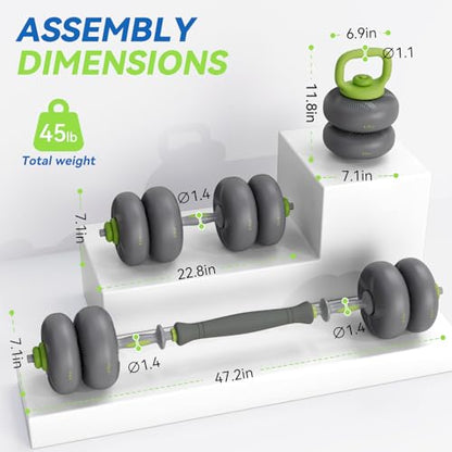LIFERUN Adjustable Dumbbell Set, Soft PVC Coated, 45lbs/67lbs Free Weight Set Home Gym, 4-in-1 Used As Barbell, Dumbbells, Kettlebell, Weight Plates, Weights Dumbbells Set, Space Saving Fitness Exercise For Men/Women - color: Grey, style: 45lb