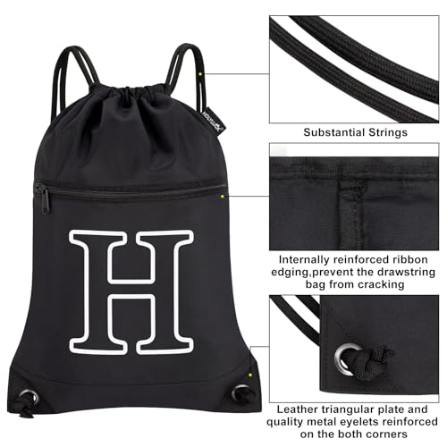 HOLYLUCK Drawstring Bags Initial Backpack Sackpack Cinch Bags for Sports, Gym, Travel, Beach (Black-H) - color: Black-h