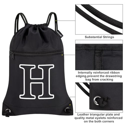 HOLYLUCK Drawstring Bags Initial Backpack Sackpack Cinch Bags for Sports, Gym, Travel, Beach (Black-H) - color: Black-h