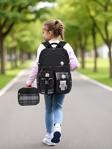Girls Backpack with Lunch Box Cute School Backpack for Girls Kids Teens Kawaii Bookbag Set for Primary Elementary，Black - color: Black