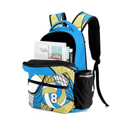 Volleyball Light Blue Gold Waterproof Backpack Casual School Bags Bookbag Custom Daypack for Birthday Holiday Gift - color: Volleyball Light Blue Gold