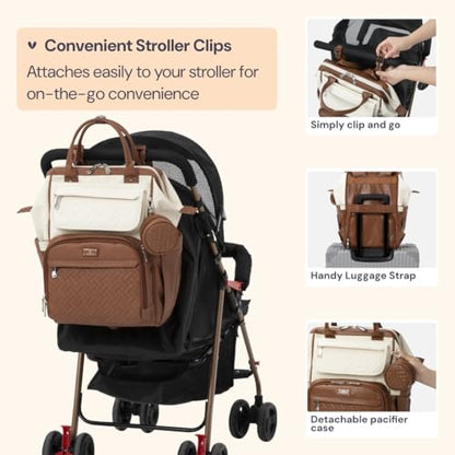 BabbleRoo Leather Diaper Bag Backpack, Multifunction Large Bags with Changing Pad & Stroller Straps & Pacifier Case, Unisex Stylish Travel Back Pack Nappy Changing Bag for Moms Dads (Coffee Cream) - color: Vegan Leather, Coffee Cream