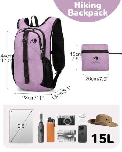 Folding Hiking Backpack with Phone Pocket for Men Women, Small Ultralight Packable Casual Daypack with Shoulder Chest Straps for Travel, 15L Foldable Lightweight Day Pack, Purple - color: Purple