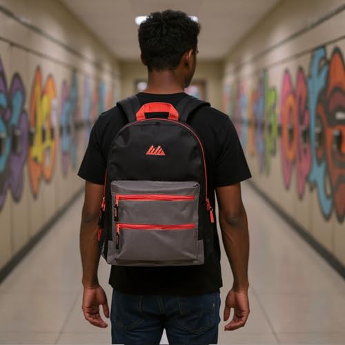 Summit Ridge Colorful Big Backpack for School Kids, Multi Pocket Backpack for Elementary, Middle School Girls, Boys with Padded Straps (Black/Red) - color: Black/Red