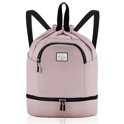Kamo Drawstring Backpack Bag - Sport Swimming Yoga Backpack with Shoe Compartment, Two Water Bottle Holder for Men Women Large String Backpack Athletic Sackpack for Travel - color: Pale Pink