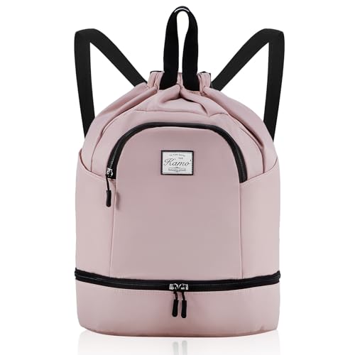 Kamo Drawstring Backpack Bag - Sport Swimming Yoga Backpack with Shoe Compartment, Two Water Bottle Holder for Men Women Large String Backpack Athletic Sackpack for Travel - color: Pale Pink